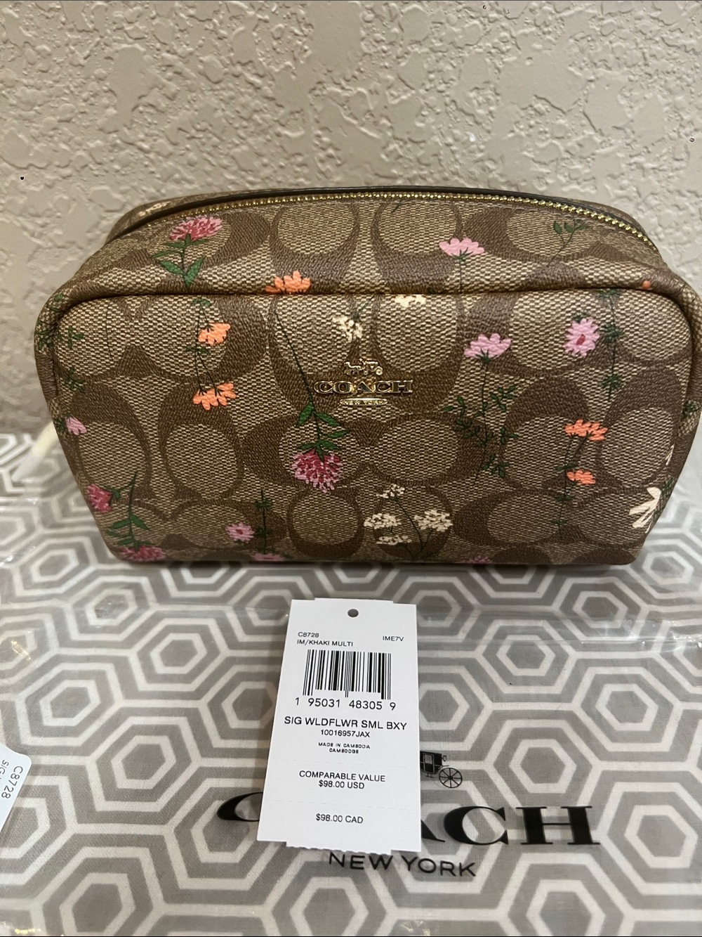 Coach Floral Sig wildflower SM BXY C8728 cosmetic Case Brown with Pink & Orange